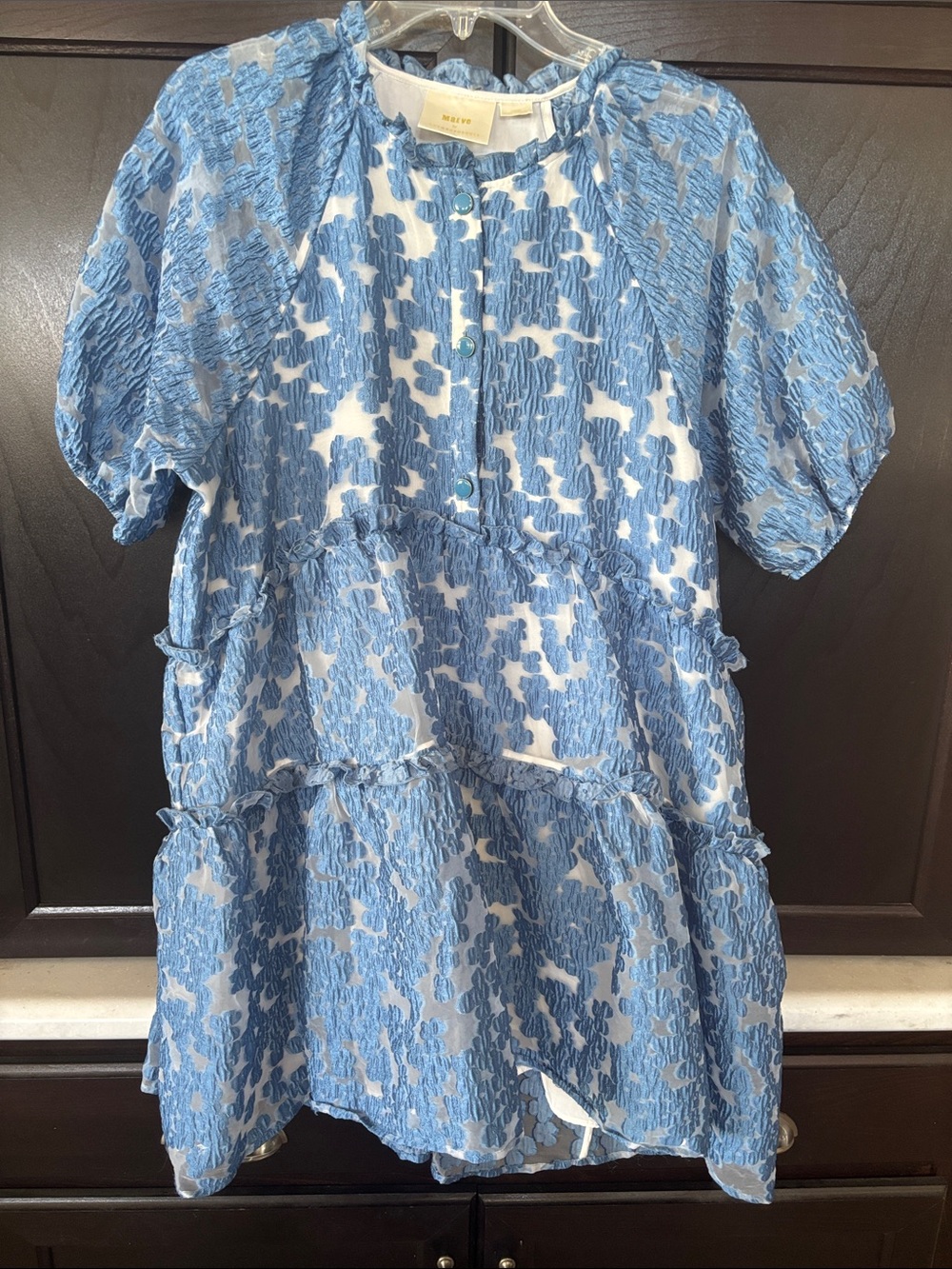 Reformation Blue & White Tiered Puff-Sleeve Mini Dress